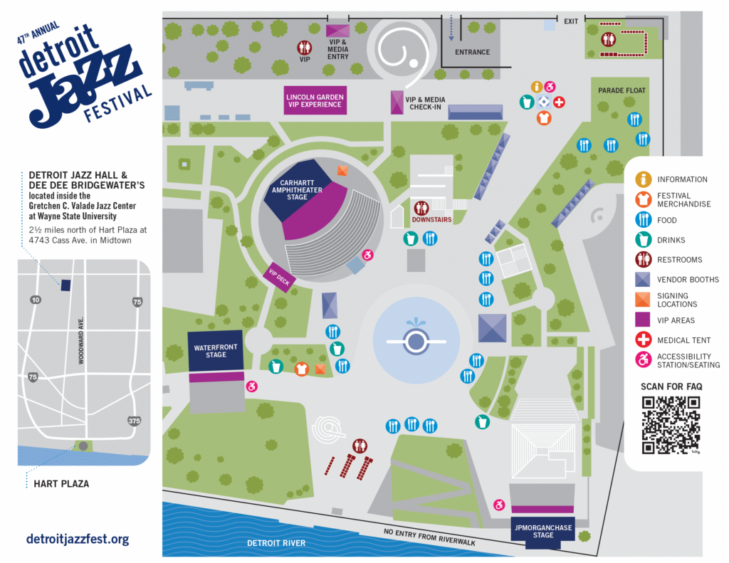 47th Annual Detroit Jazz Festival map outlining event stage and points of interest locations for the 2026 event.