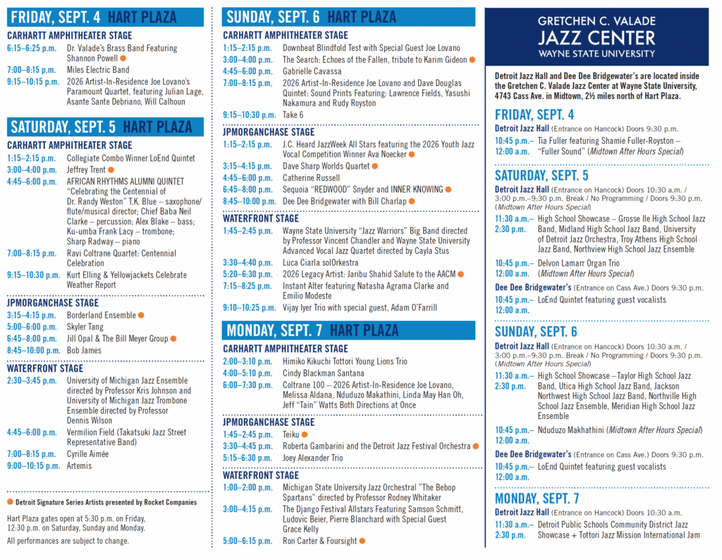 47th Annual Detroit Jazz Festival Schedule - listing stages, artist, and times across all four days of the 2026 event. 
