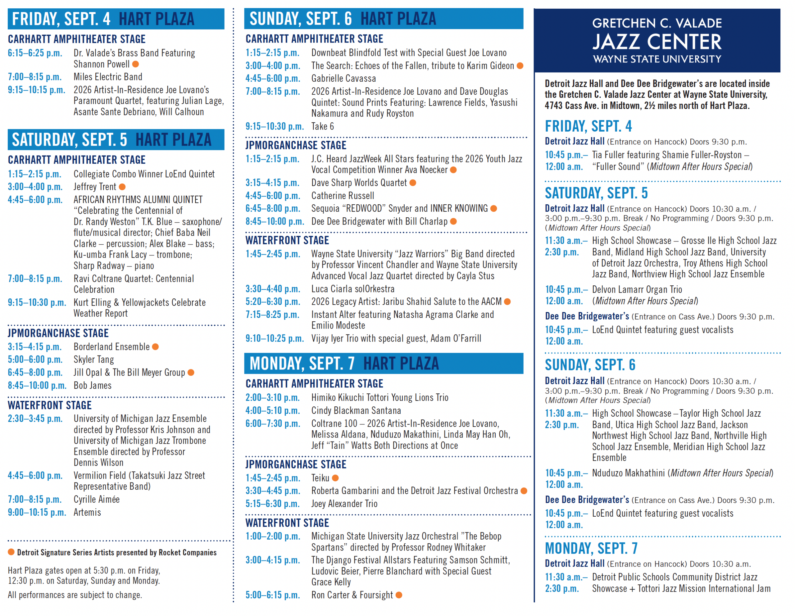 47th Annual Detroit Jazz Festival Schedule - listing stages, artist, and times across all four days of the 2026 event.